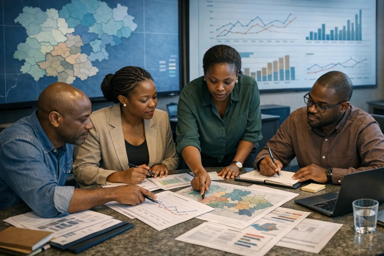 African programme and agency analysts reviewing district-level maps, charts, and planning materials in a monitoring workspace.
