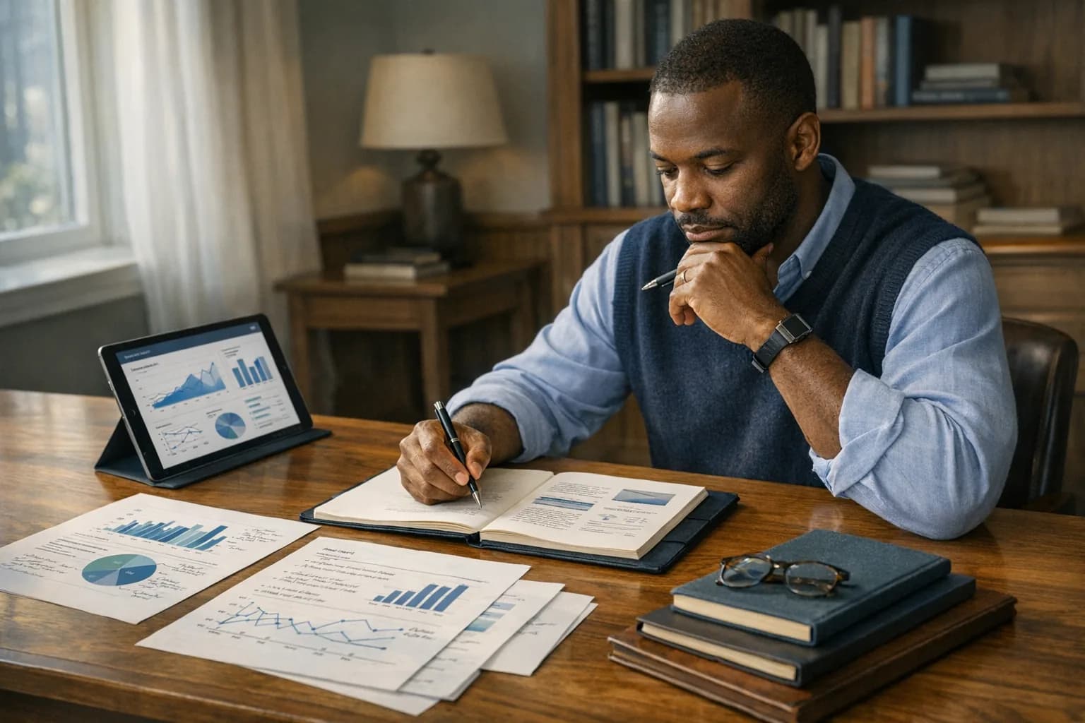 An analyst preparing a written health analytics briefing with notebooks, printed charts, and a tablet in a refined workspace.