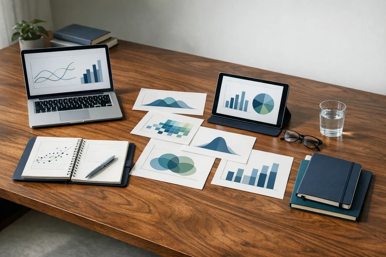 Validation and methodology materials arranged on a premium research desk with abstract charts, notebooks, and devices.